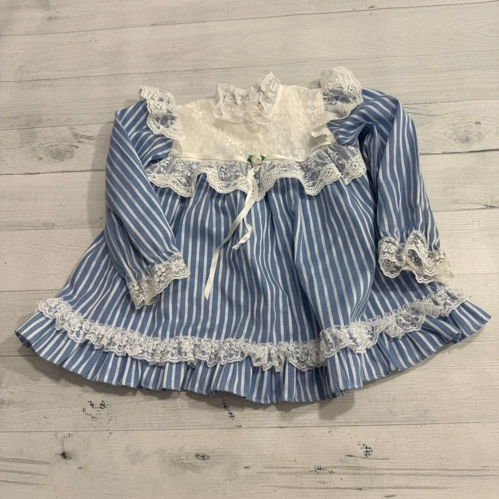 Vintage hugs & kisses baby girl blue white stripes lace dress 24 months